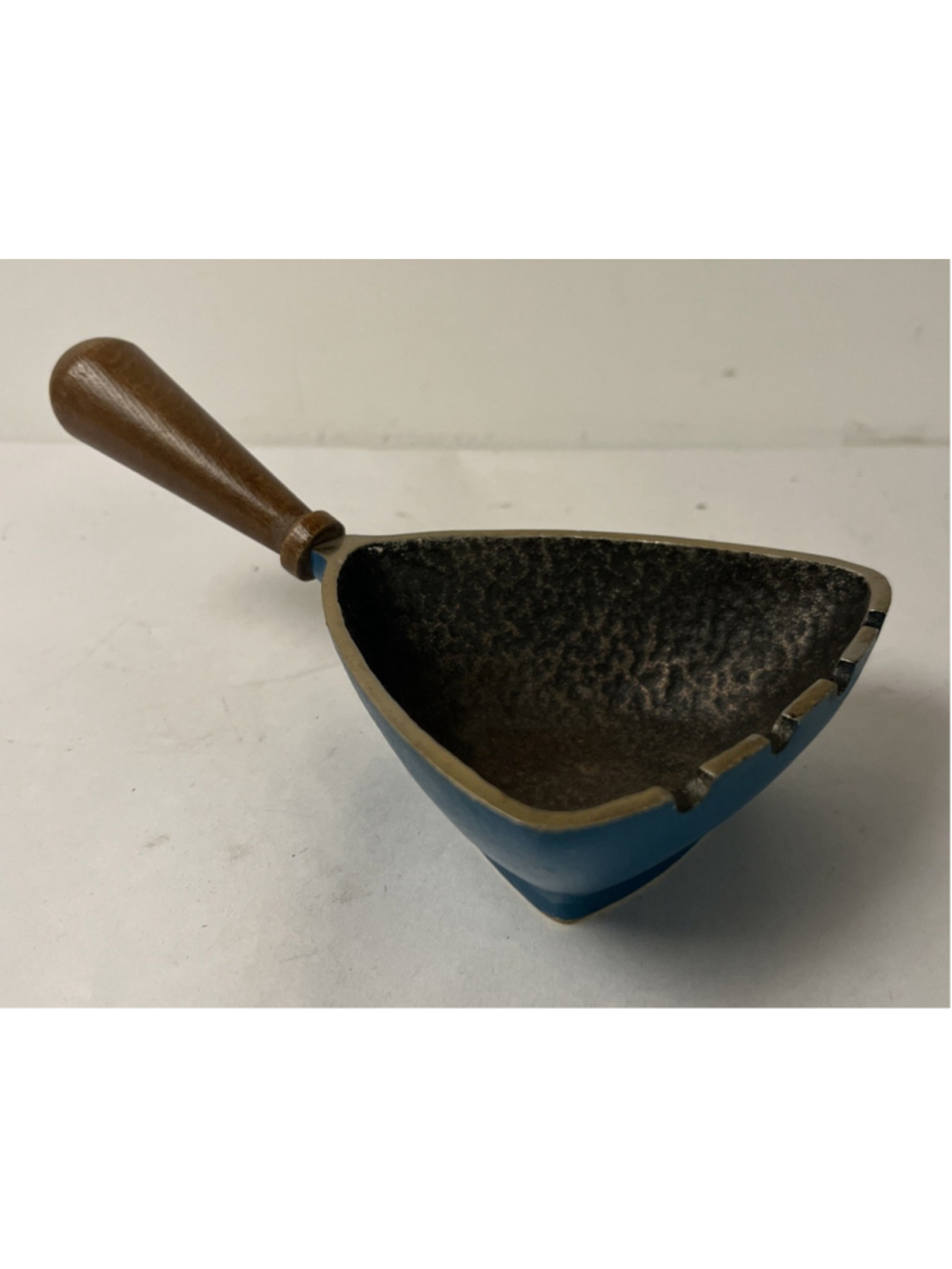 Vintage Mid Century Cast Iron Teal Brass Ashtray Woooden Handle Made in Japan